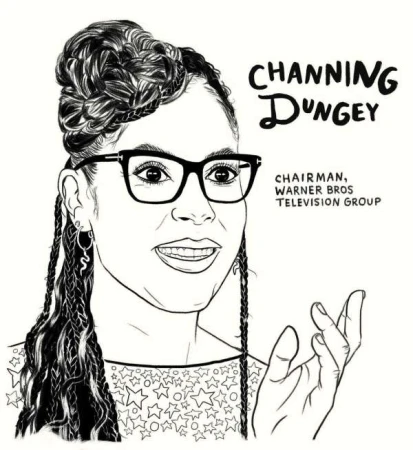 Illustration of Channing Dungey, Chairman of Warner Bros. Television Group, wearing glasses, with braided hair, smiling in a black and white art.