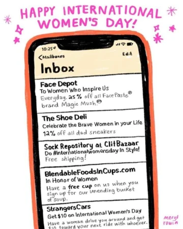 Digitally drawn smartphone displaying an email inbox for International Women's Day, pink frame, celebratory text and stars.