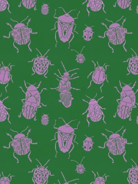 Illustration of a green background covered with a pattern of pink outlined insect drawings that vary in size and shape.