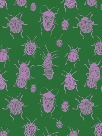 Illustration of a green background covered with a pattern of pink outlined insect drawings that vary in size and shape.