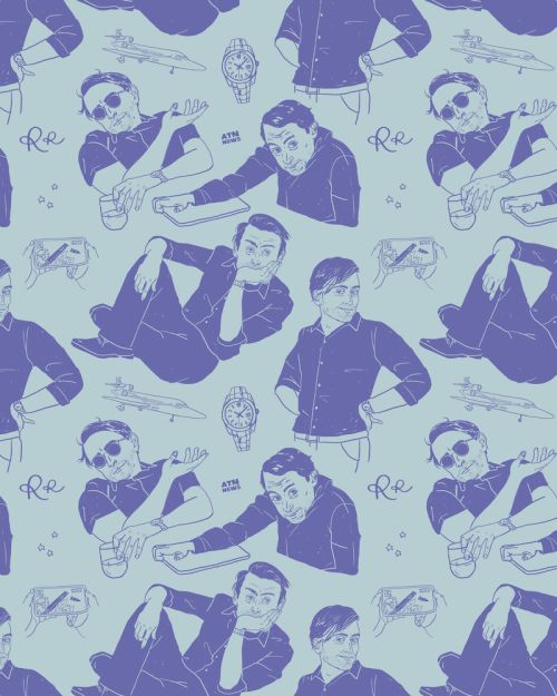 Illustrated seamless pattern featuring a man in different poses and clothes, along with objects like a jet and a watch, on a light blue background.
