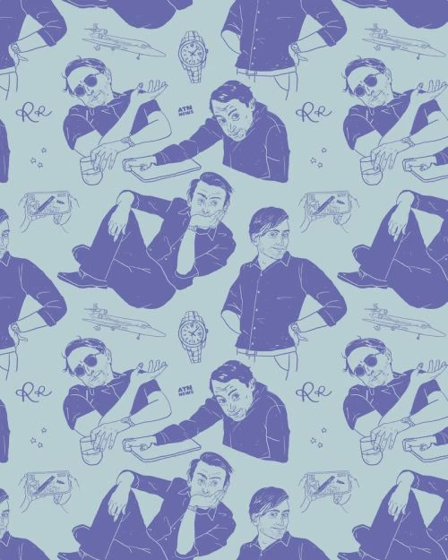 Illustrated seamless pattern featuring a man in different poses and clothes, along with objects like a jet and a watch, on a light blue background.