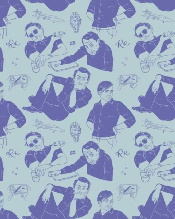 Illustrated seamless pattern featuring a man in different poses and clothes, along with objects like a jet and a watch, on a light blue background.