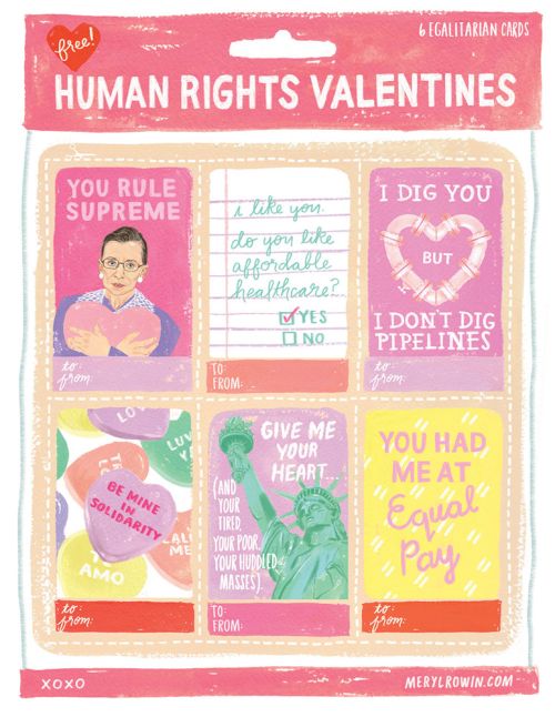 Illustrated packaging for 'Human Rights Valentines,' showcasing six cards with themes of equality, justice, and social solidarity.