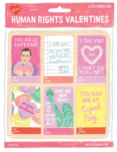 Illustrated packaging for 'Human Rights Valentines,' showcasing six cards with themes of equality, justice, and social solidarity.