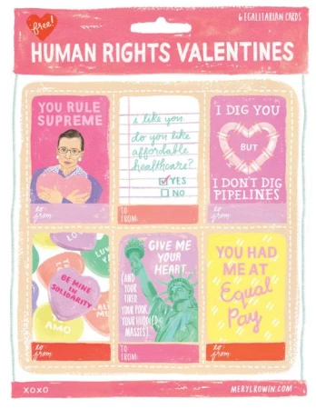 Illustrated packaging for 'Human Rights Valentines,' showcasing six cards with themes of equality, justice, and social solidarity.