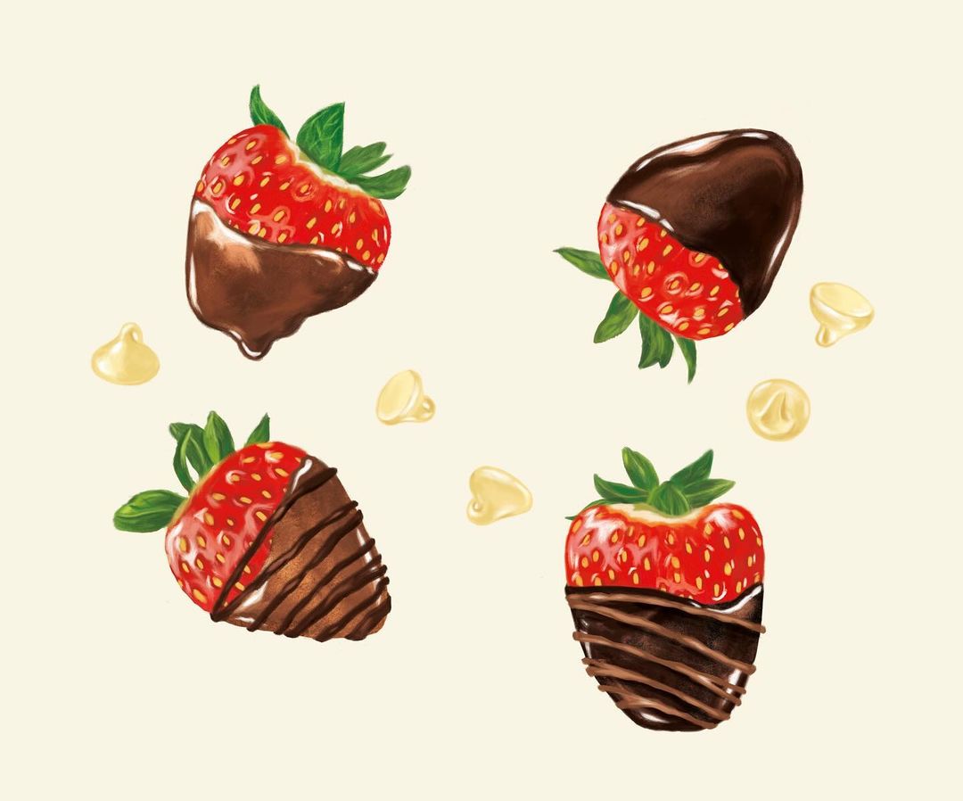 Illustration of four fresh strawberries, partially covered in chocolate, accompanied by several white chocolate chips. Creamy, inviting.