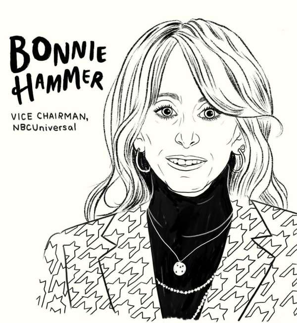 Illustration of Bonnie Hammer, Vice Chairman of NBCUniversal, featuring an adult woman with light hair wearing a patterned blazer.