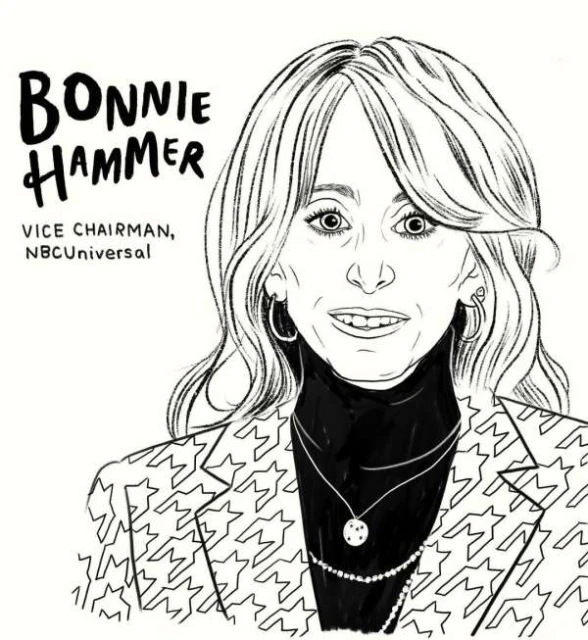 Illustration of Bonnie Hammer, Vice Chairman of NBCUniversal, featuring an adult woman with light hair wearing a patterned blazer.