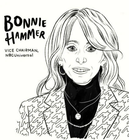 Illustration of Bonnie Hammer, Vice Chairman of NBCUniversal, featuring an adult woman with light hair wearing a patterned blazer.