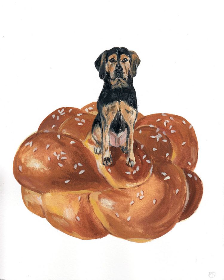 Illustration of a dog sitting on top of a braided challah bread, depicted with detailed brushstrokes and warm color palette against a white background.