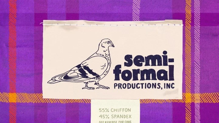 Stylized fabric swatch with 'semi-formal productions, inc' logo, featuring a pigeon illustration, against a purple and gold plaid background.