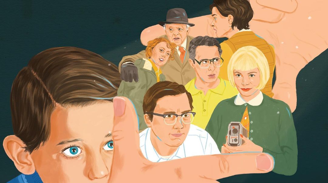 Illustration featuring a boy in the foreground, a group of people in the background, and a large hand pointing at the viewer.