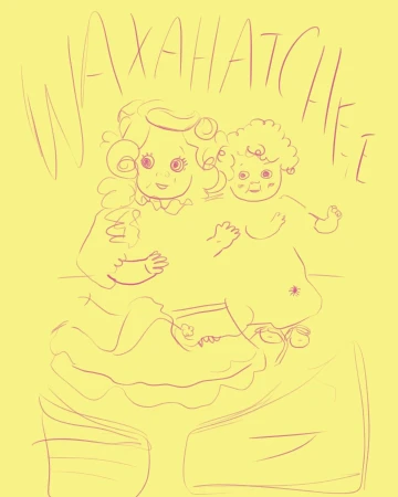 Drawn illustration featuring two doll-like figures with curly hair on a yellow background, the name Waxahatchee is written across the top.