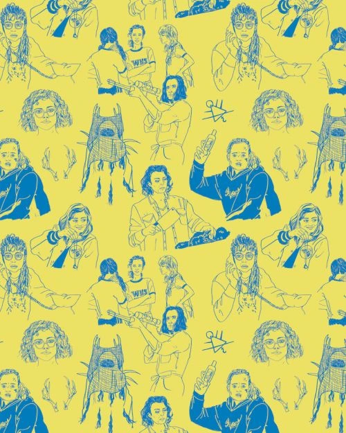 Illustrated repeat pattern of people, clothing, and objects in yellow and blue, creating a vibrant and artistic design.