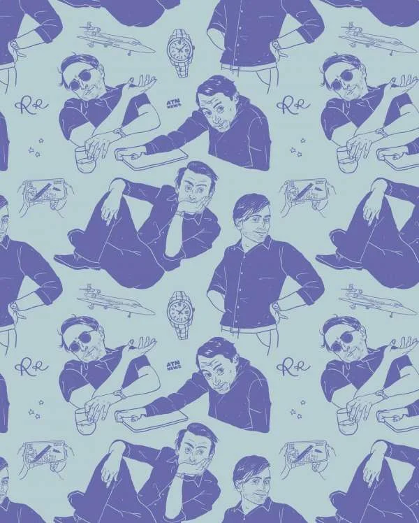 Monochrome blue repeated illustration pattern featuring men in shirts, watches, and small airplane icons by Meryl Rowin.