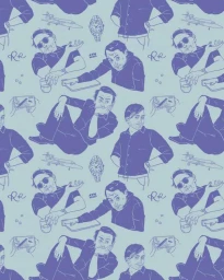 Monochrome blue repeated illustration pattern featuring men in shirts, watches, and small airplane icons by Meryl Rowin.