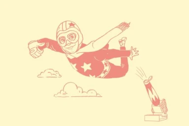 Illustrated person in aviator helmet and star-patterned suit flying horizontally above clouds with a cannon firing below.