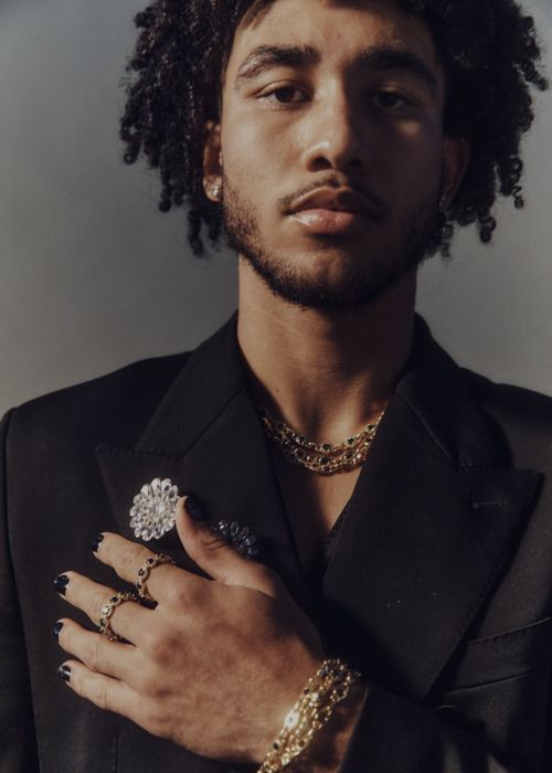 Portrait of a man in a black jacket wearing layered gold necklaces, rings, and a brooch, photographed by Erik Tanner.
