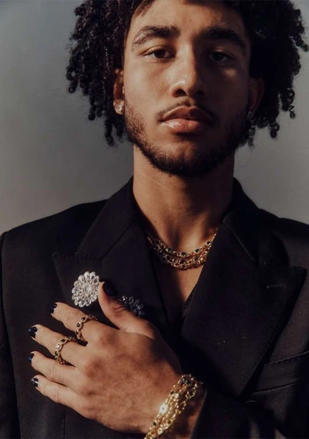 Close-up portrait of a stylish adult male wearing a black blazer and jewelry, with curly hair and a focused expression against a grey background.