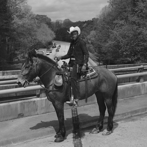 A man in a cowboy hat rides a horse on a bridge, with cars driving on the road behind him and trees in the background.