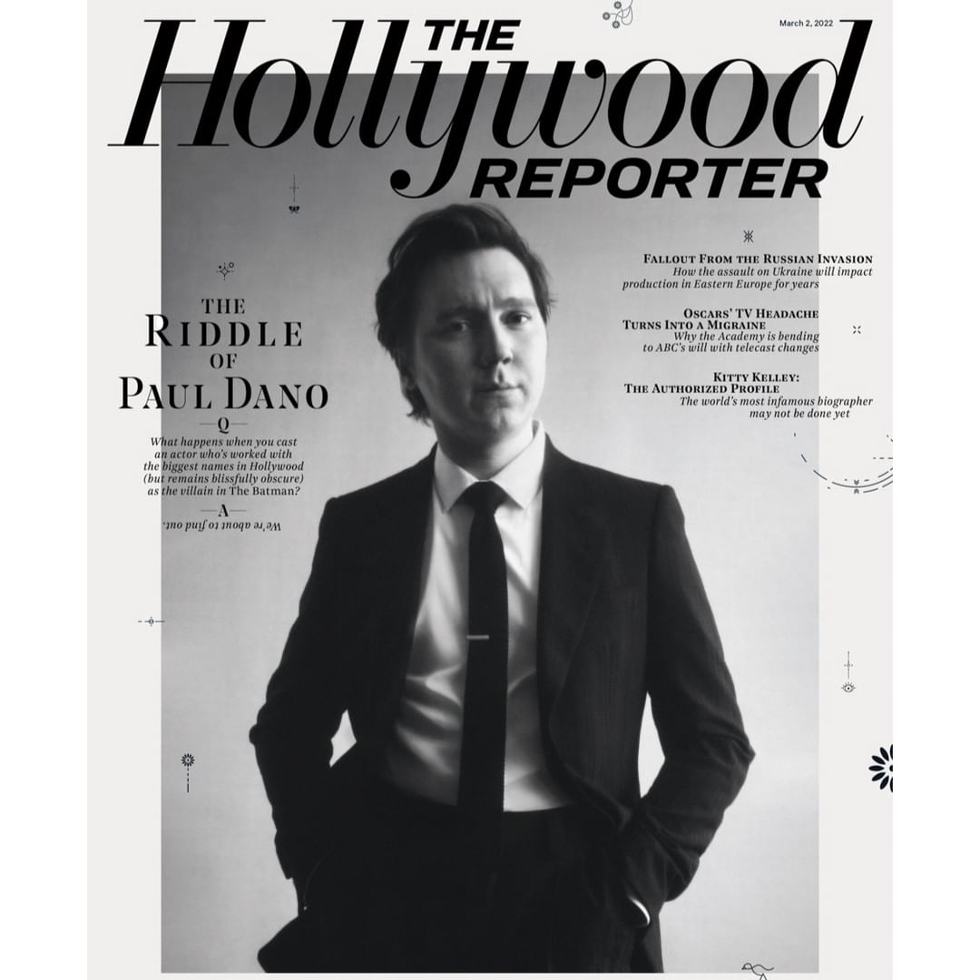 Paul Dano on the cover of The Hollywood Reporter, in a black and white portrait, wearing a suit and tie. Magazine cover.