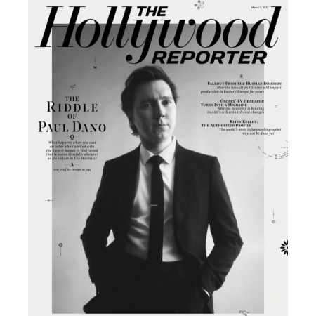 Paul Dano on the cover of The Hollywood Reporter, in a black and white portrait, wearing a suit and tie. Magazine cover.