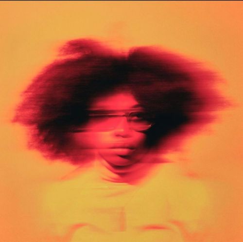 Motion-blurred portrait of a woman wearing glasses against a warm orange background, styled by Tiffani Williams.
