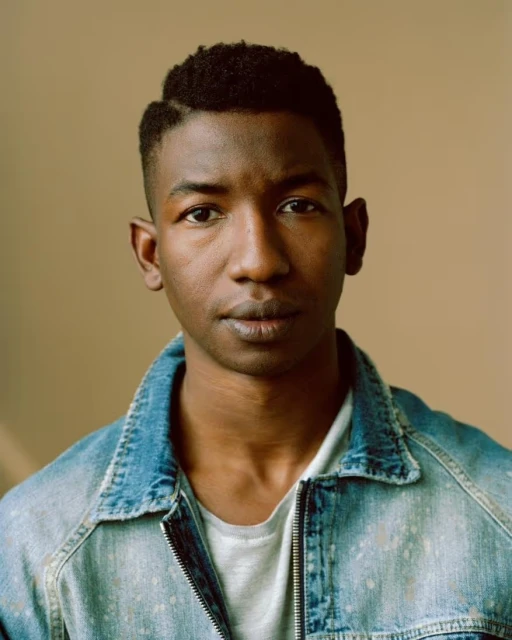 Portrait of a young adult Black man wearing a denim jacket and t-shirt, looking directly at the camera against a neutral background.