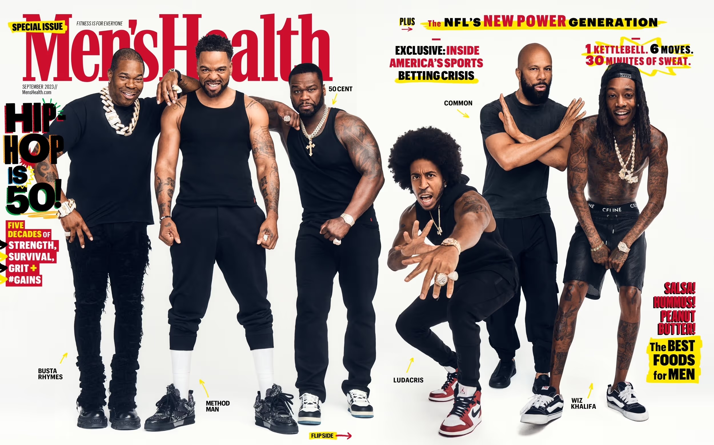 Men's Health magazine cover featuring Busta Rhymes, Method Man, 50 Cent, Ludacris, Common, and Wiz Khalifa posing on a white background.