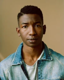 Portrait of a black man with short hair wearing a denim jacket and white t-shirt against a plain neutral background.