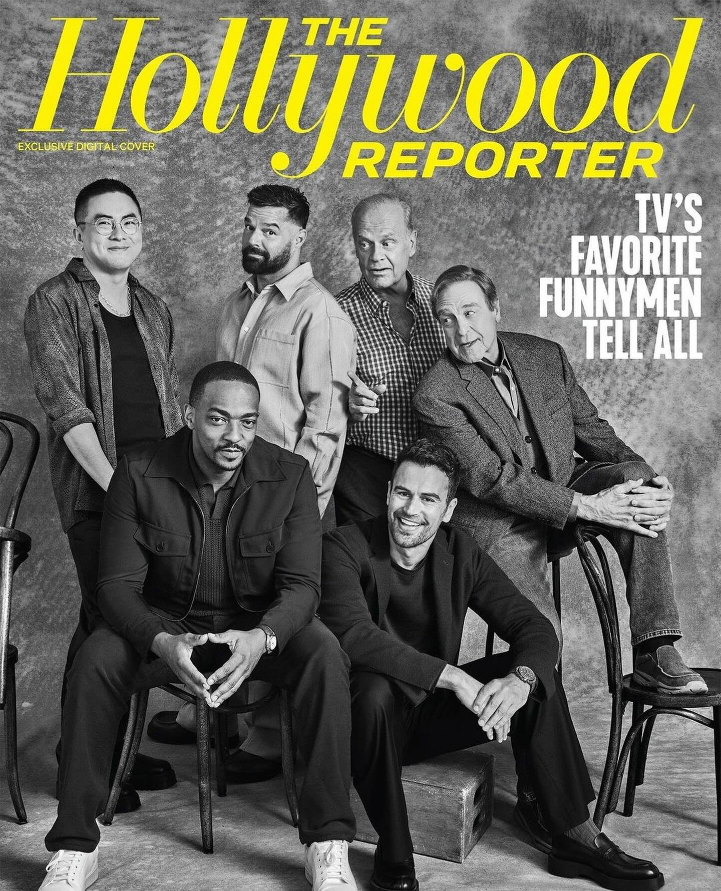 Magazine cover featuring six adult males, titled 'The Hollywood Reporter', focusing on TV's favorite funnymen in a studio setting.