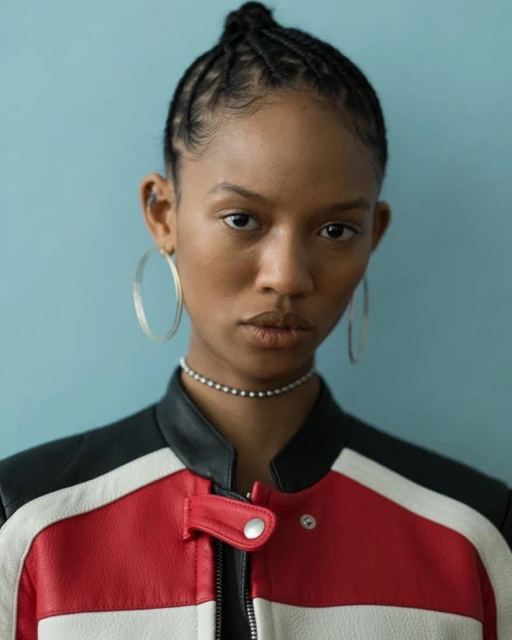 Close-up portrait of a stylish young woman with braided hair, silver hoop earrings, and a red, white, and black jacket against a blue background.