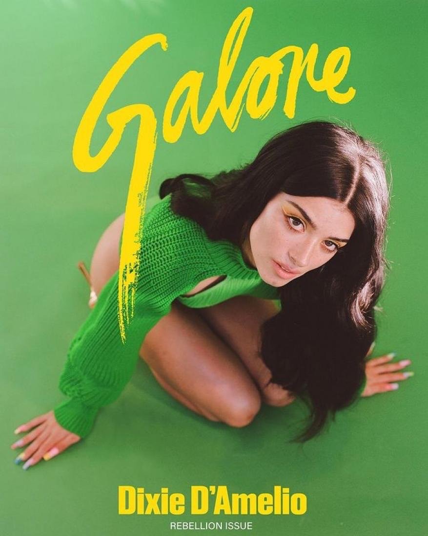 Galore cover featuring Dixie D'Amelio wearing a green sweater, kneeling against a green backdrop, with yellow text overlay.