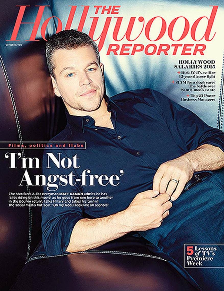 The Hollywood Reporter magazine cover featuring Matt Damon in a dark button-down shirt, photographed indoors in a studio setting.