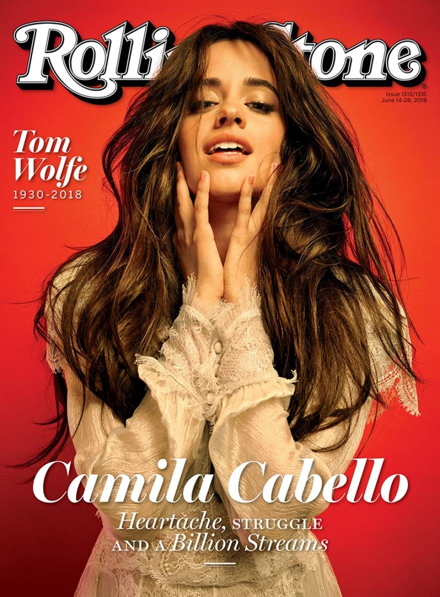 Camila Cabello cover of Rolling Stone magazine; brunette poses with hands near face against red backdrop with magazine masthead and titles.