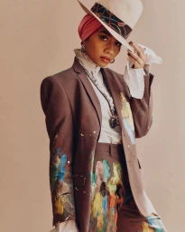 Woman in paint-splattered brown suit wearing a pink turban and fedora touching the brim in a fashion portrait styled by Aquiles.