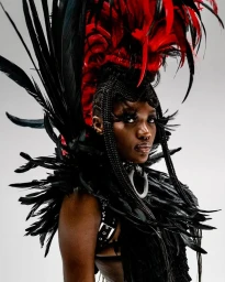 Model wearing a dramatic black and red feathered headdress and matching collar against a plain white background.
