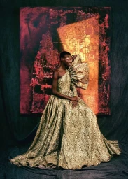 Black woman seated wearing an elaborate textured gold gown with a dramatic sculptural bow shoulder detail