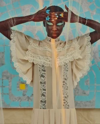 Model with mint eyeshadow and butterfly rings holding hands to head wearing a cream lace dress against a blue patterned backdrop.