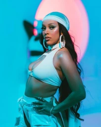Doja Cat wearing white crop top, white do-rag, and large hoop earrings in a blue-lit studio setting.