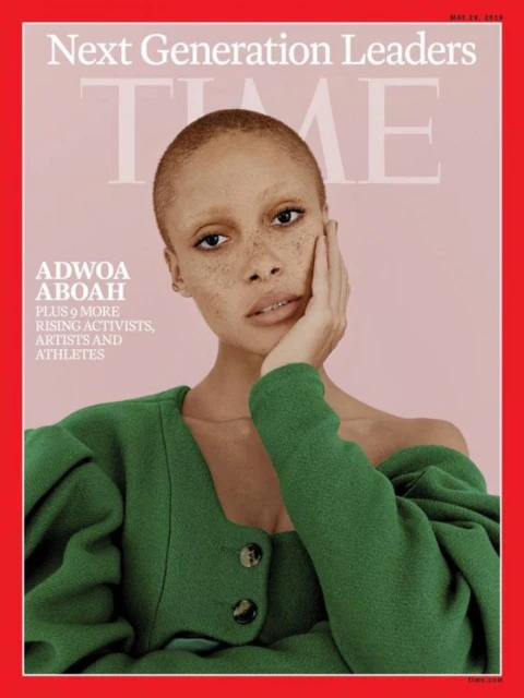 Magazine cover featuring a portrait of Adwoa Aboah wearing a green jacket with a pale pink background and a red frame.