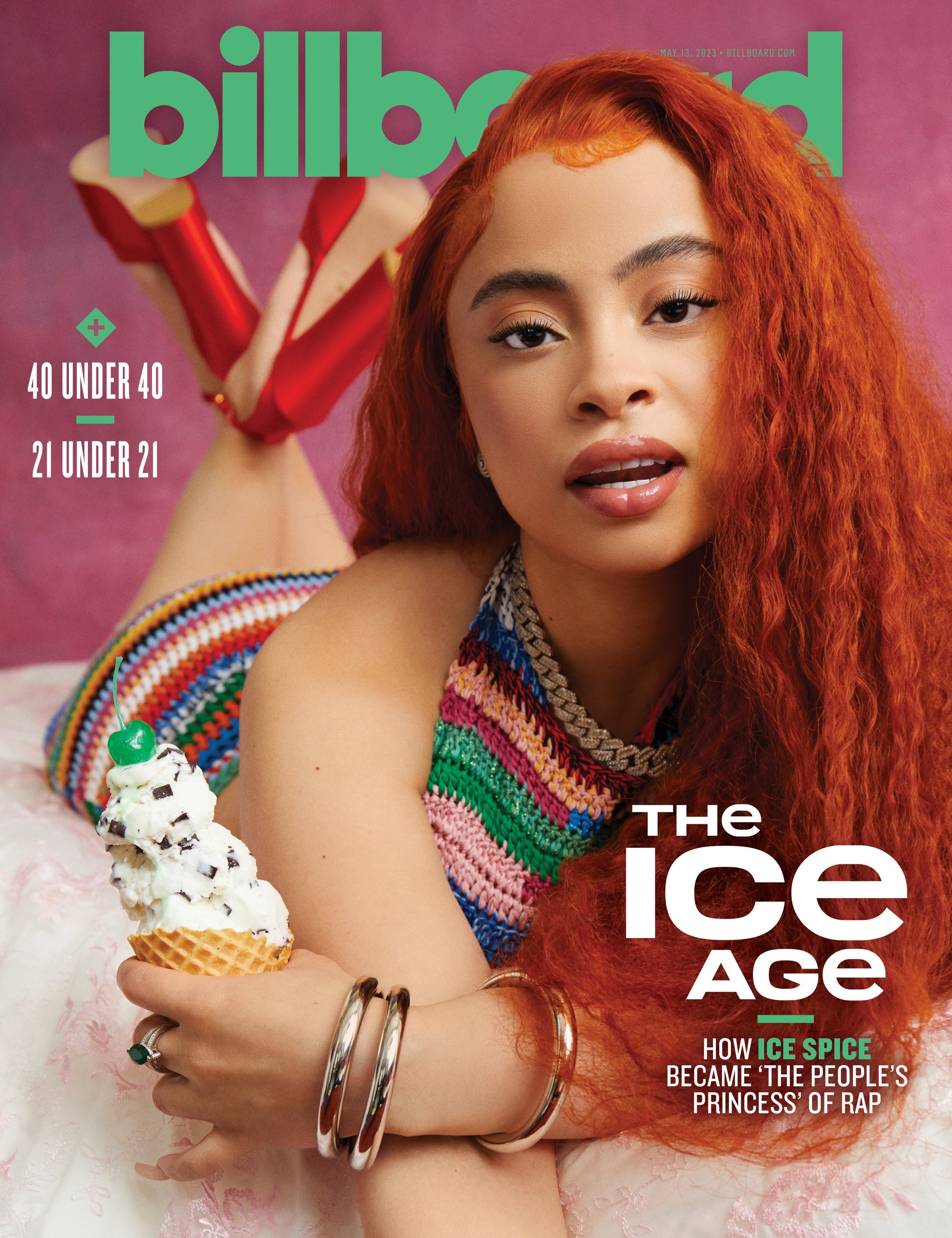 Billboard cover featuring Ice Spice, an adult female with red curly hair, holding an ice cream cone. She is posing in a colorful outfit.