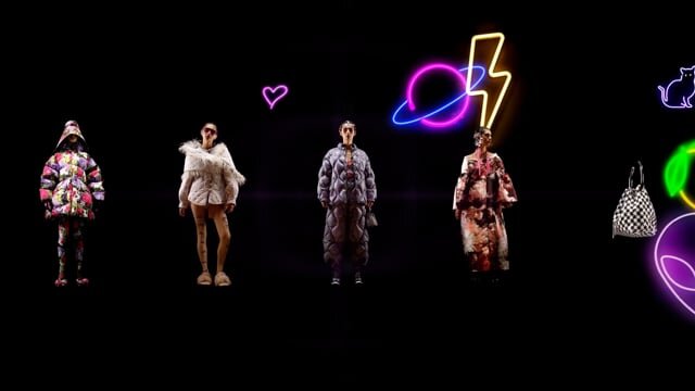 Fashion presentation with five adult models in colorful outerwear against a black background with neon graphics of shapes.