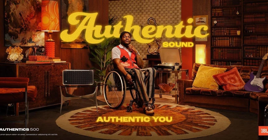 Man in wheelchair in retro living room setting next to JBL Authentics 500 speaker, vintage furniture, and 'Authentic Sound' text overlay.