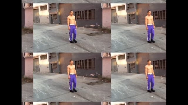Man stands shirtless in purple pants outside with a repeating-image effect, creating a visually unique and stylized presentation.