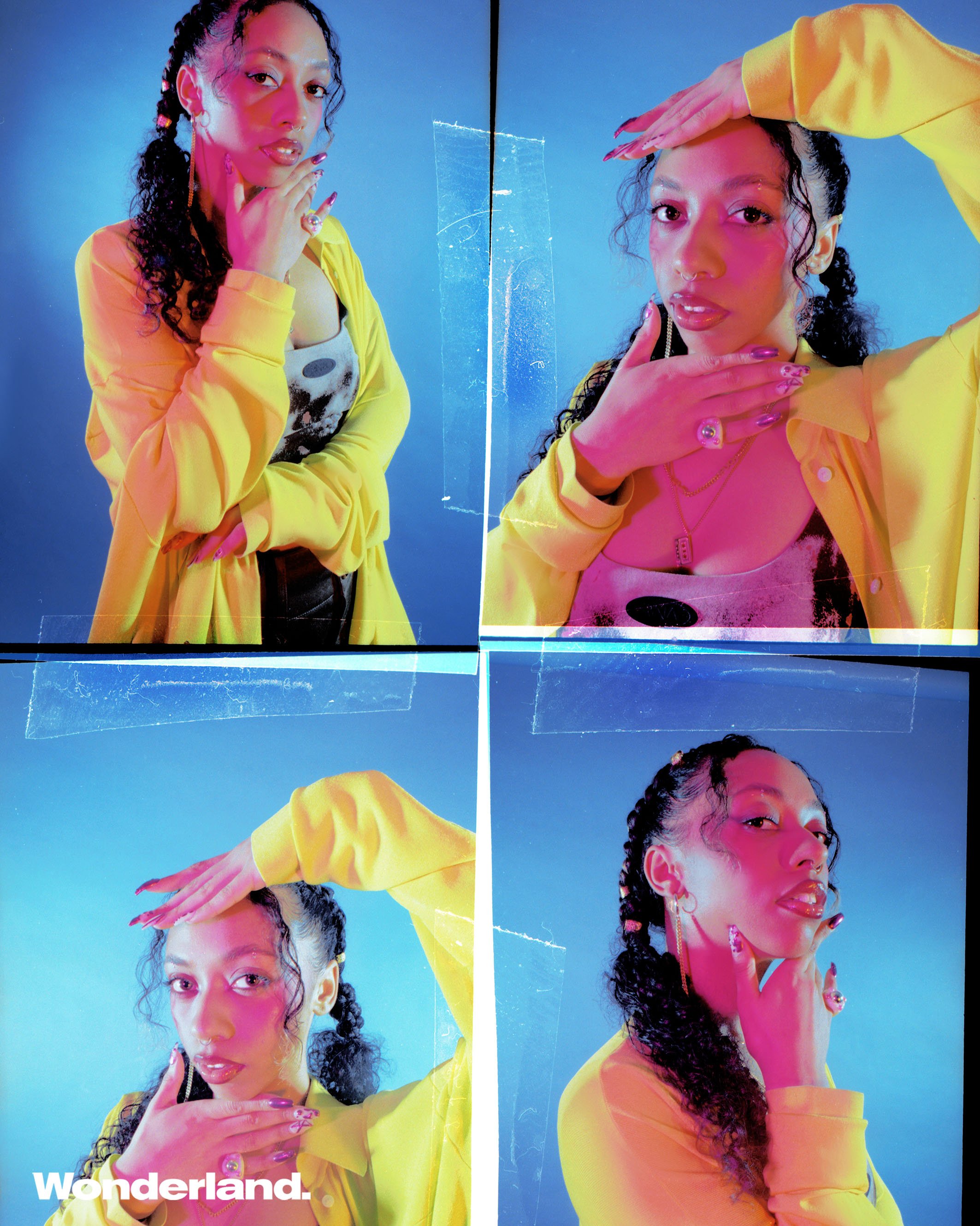 Woman posing in yellow jacket with braids and stylish nails against blue background in a four-panel collage. Editorial fashion shot.