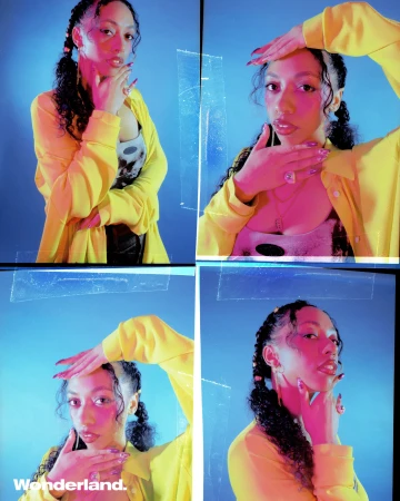 Four-panel photo grid of a woman wearing a yellow shirt against a blue background, styled by Celia Arias.
