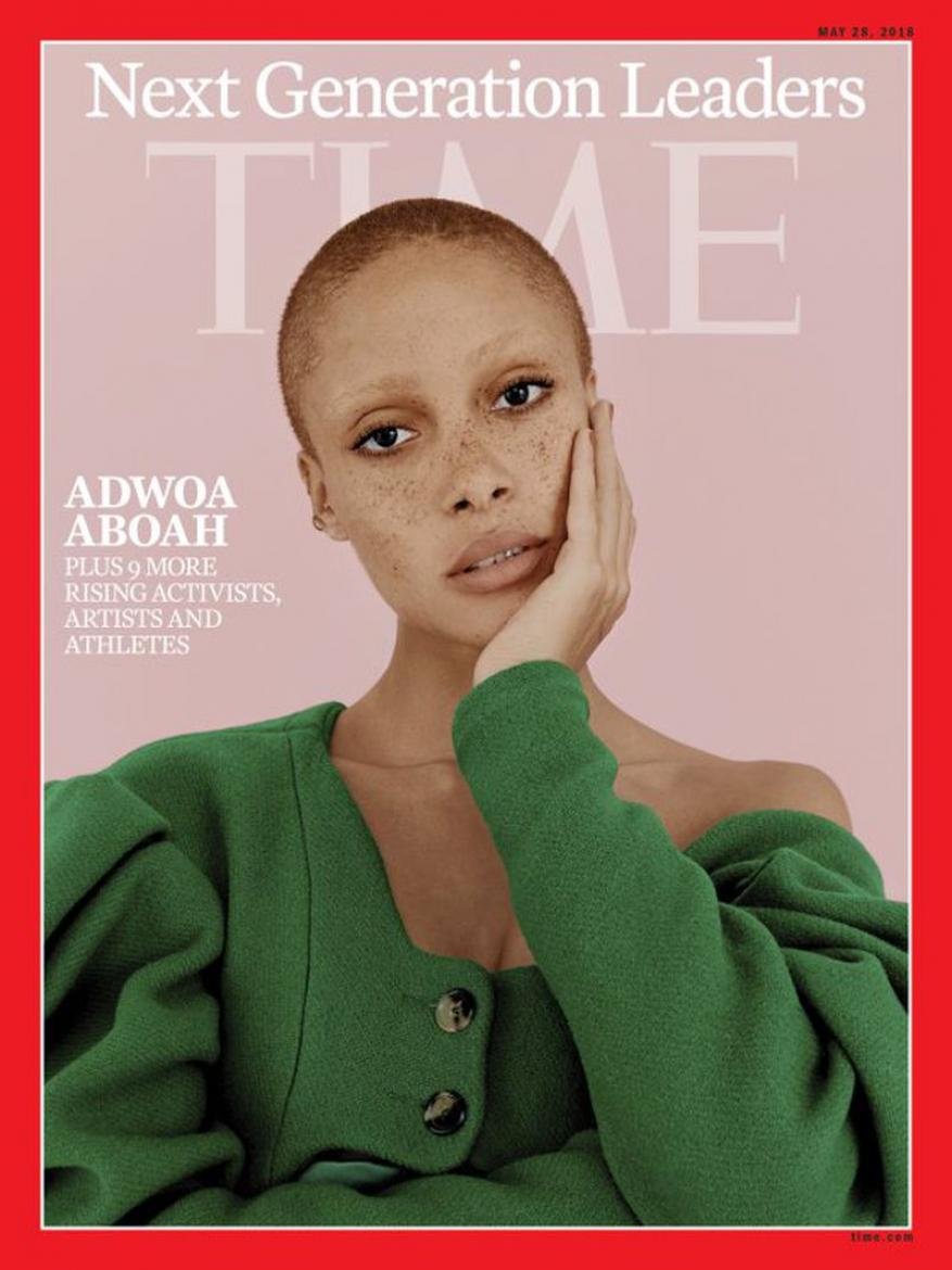 Time magazine cover featuring Adwoa Aboah in a green jacket, portrait orientation, against a light pink background with magazine text overlay.