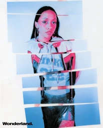 Model in hoodie and dark skirt sliced into horizontal strips against white backdrop